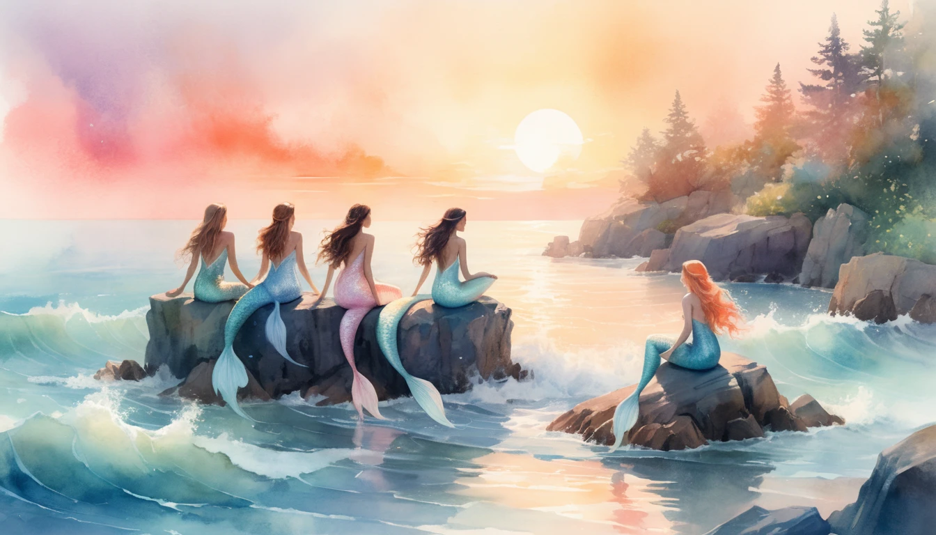 Sirenas reunidas sobre rocas bañadas por el sol en una costa de atardecer en tonos pastel