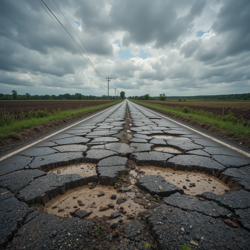 破損的鄉間道路與深邃泥濘水坑，在陰雲之下