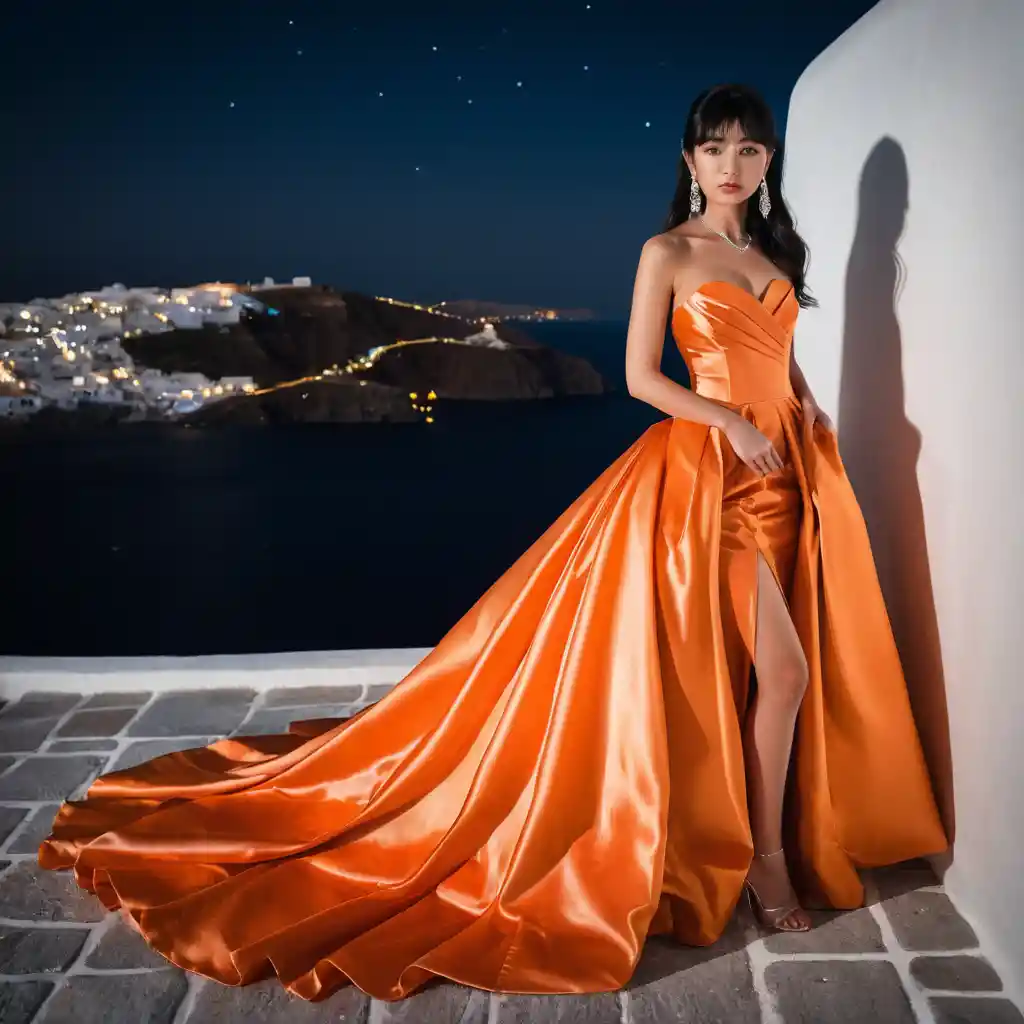 Elegant woman in orange satin gown at night in Santorini