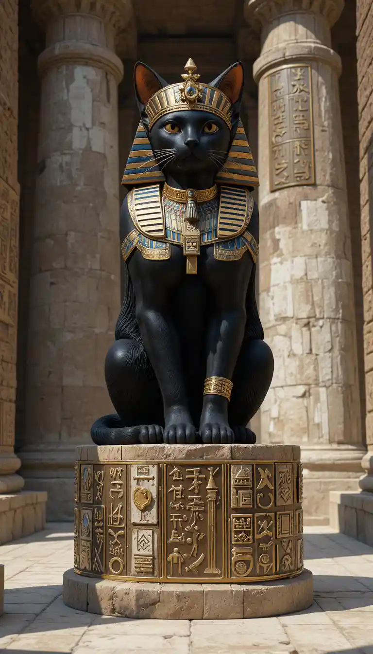 Chat noir doré sur piédestal dans la salle d’un temple ancien