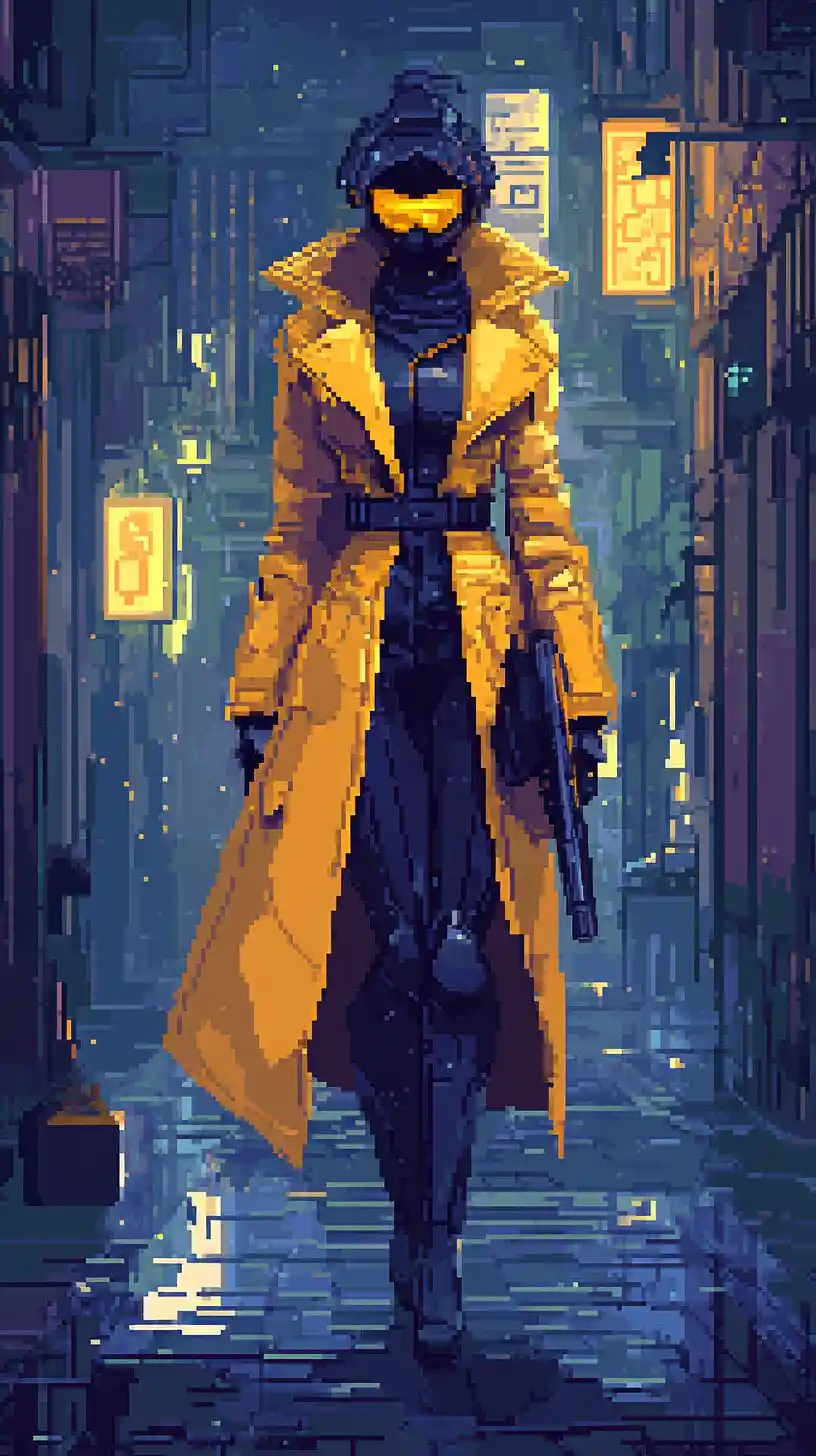 Masked female inspector in a glamorous fantasy city scene
