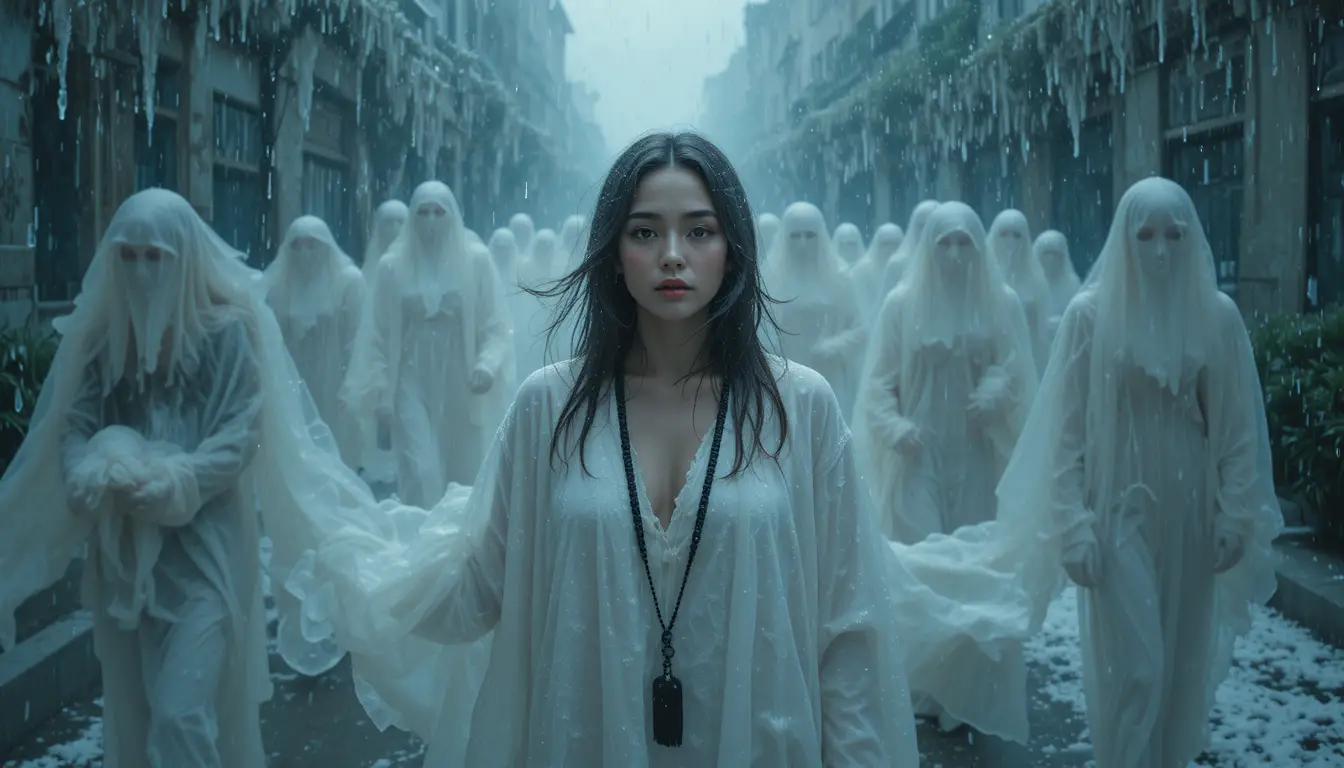 Young woman walking through heavy icy rain with ghosts