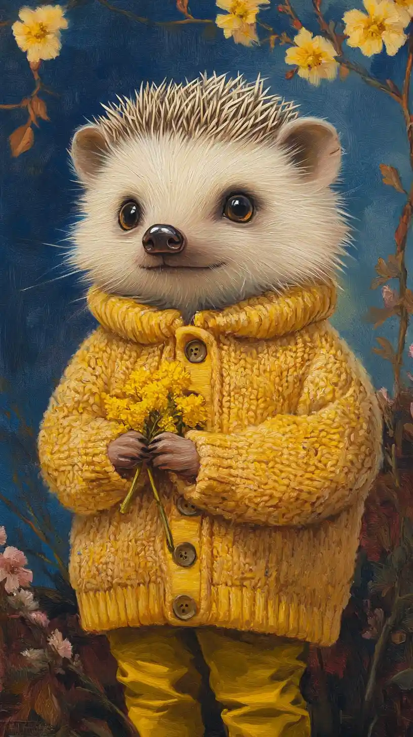 Tiny hedgehog in yellow sweater holding spring mimosa