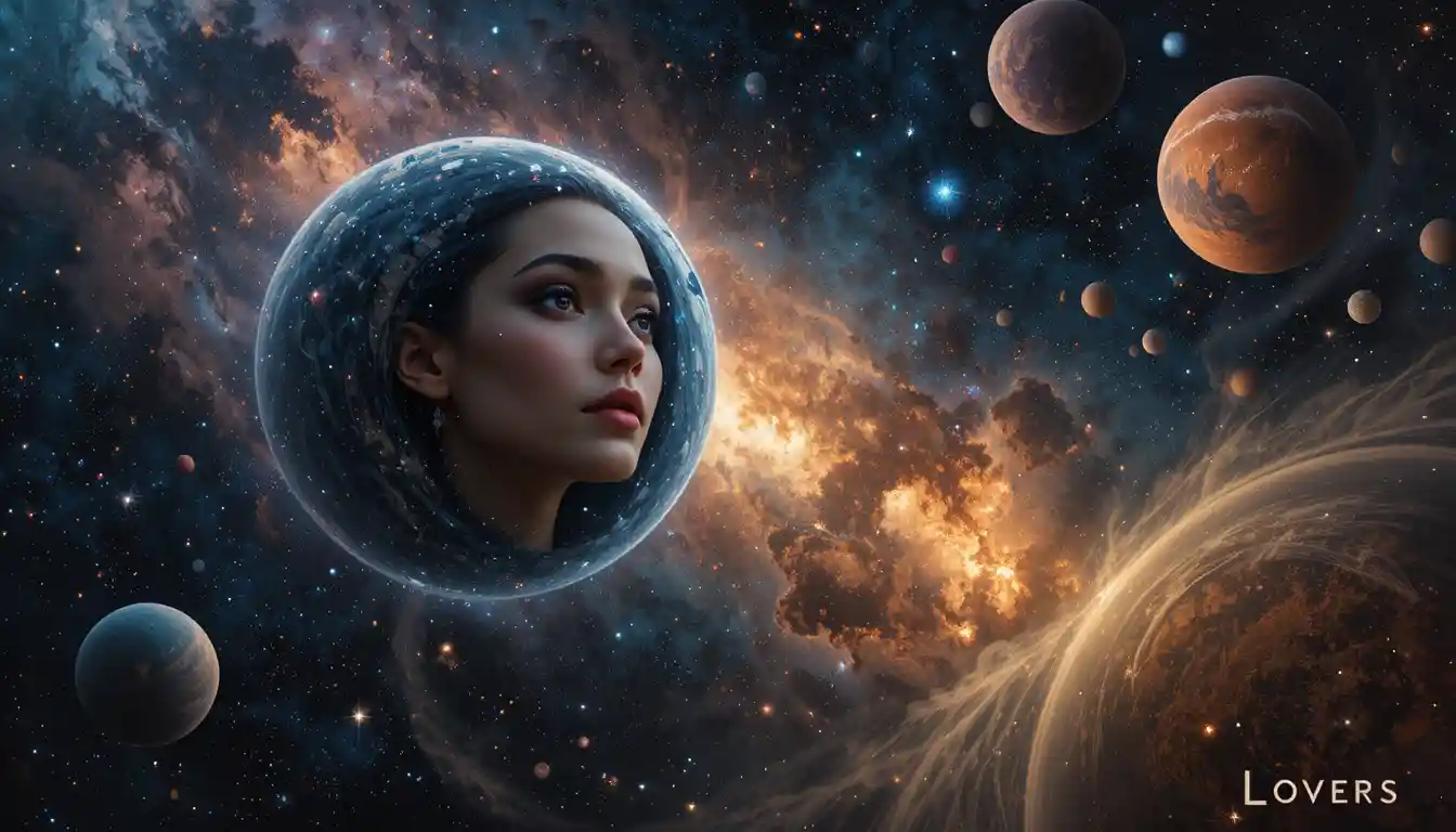 Romantic universe with planets and lovers faces