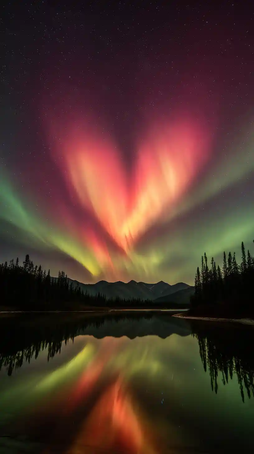 Aurora a forma di cuore riflessa su un calmo lago di montagna