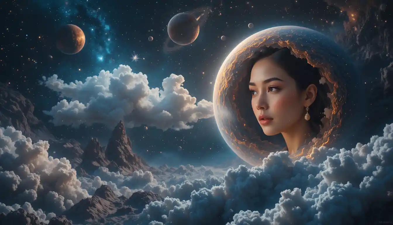 Vista cósmica de planetas con el rostro de una madre entre las estrellas