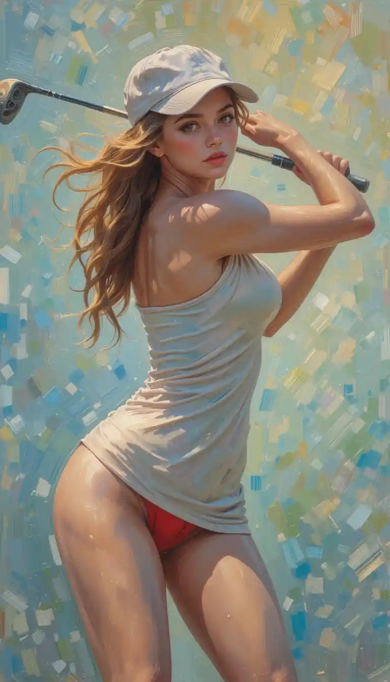 Giovane ragazza glamour che fa swing con una mazza da golf in un dipinto a olio