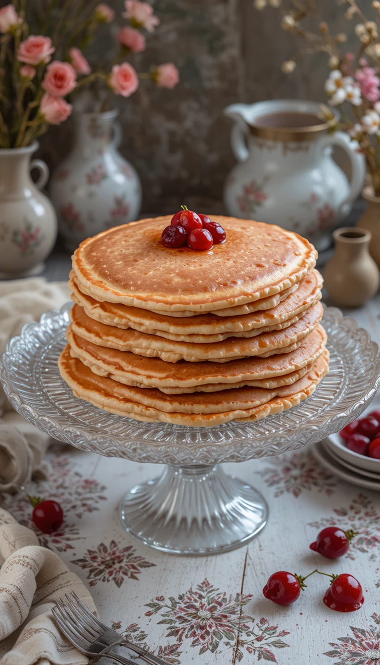 Torre de panqueques rosados en un plato de cristal con jarritas