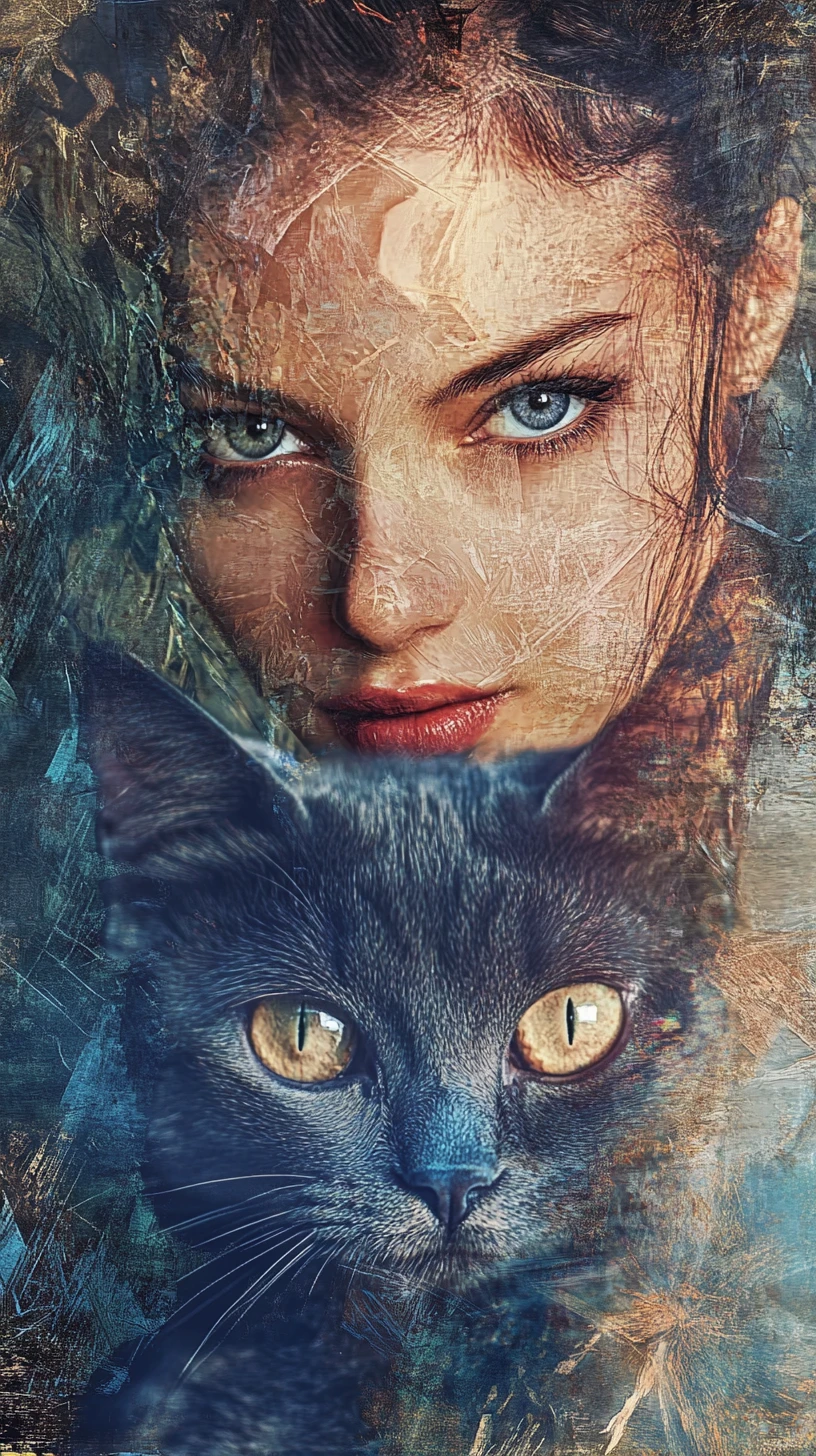 Mixed-Media-Porträt einer Frau und der Essenz einer Katze