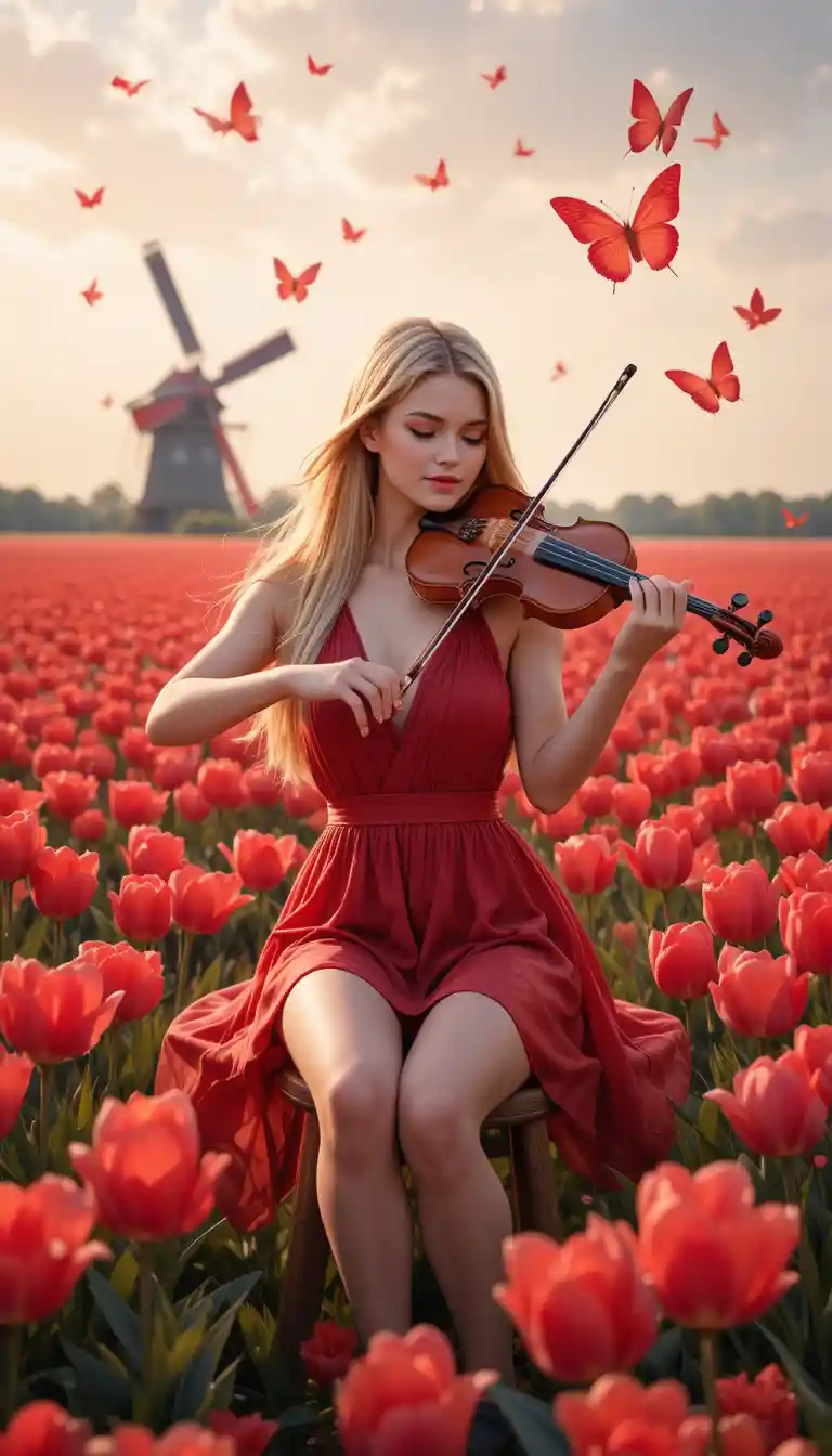 Young woman playing violin in a red tulip field