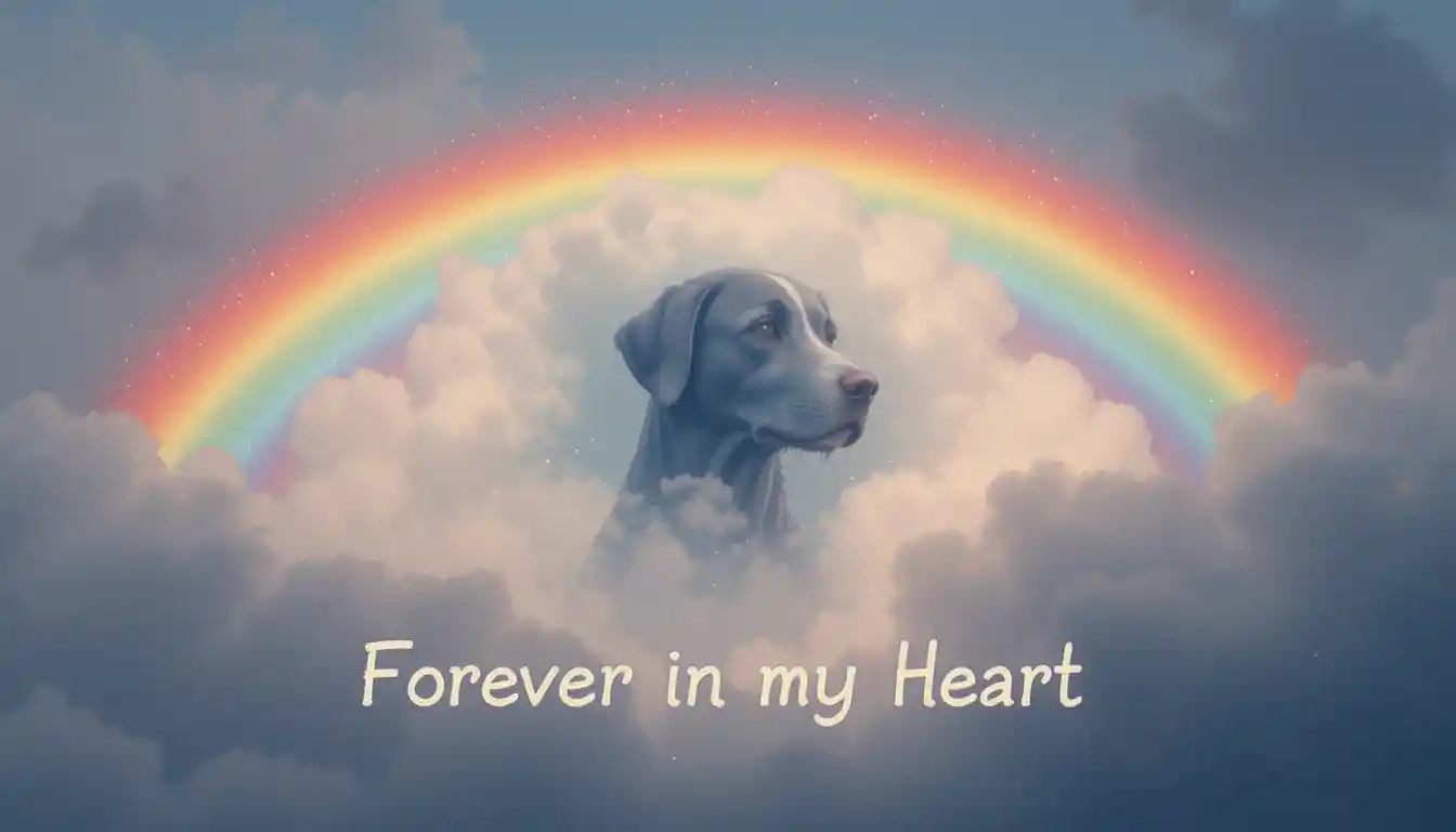Colorful rainbow with a dog shaped cloud and memorial text