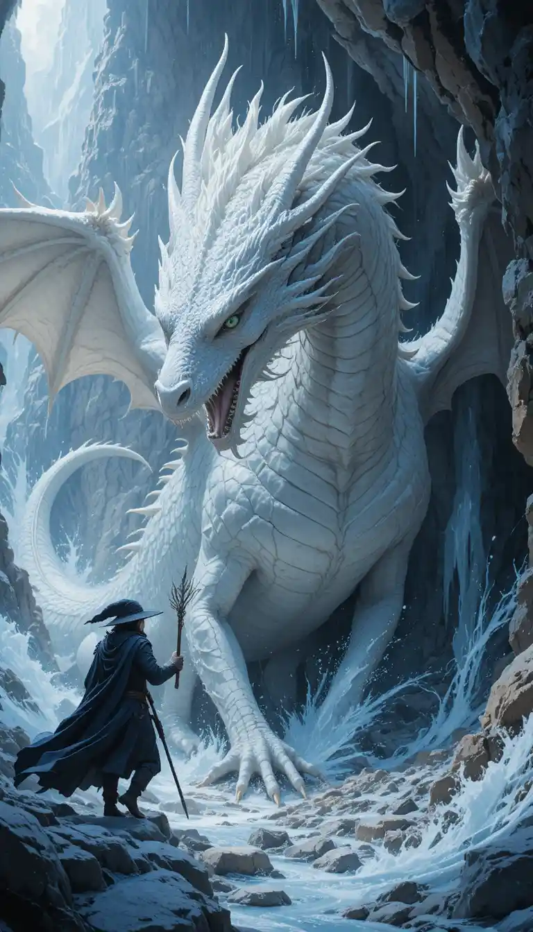 Dragon blanc dans une bataille épique au cœur d'une grotte glacée