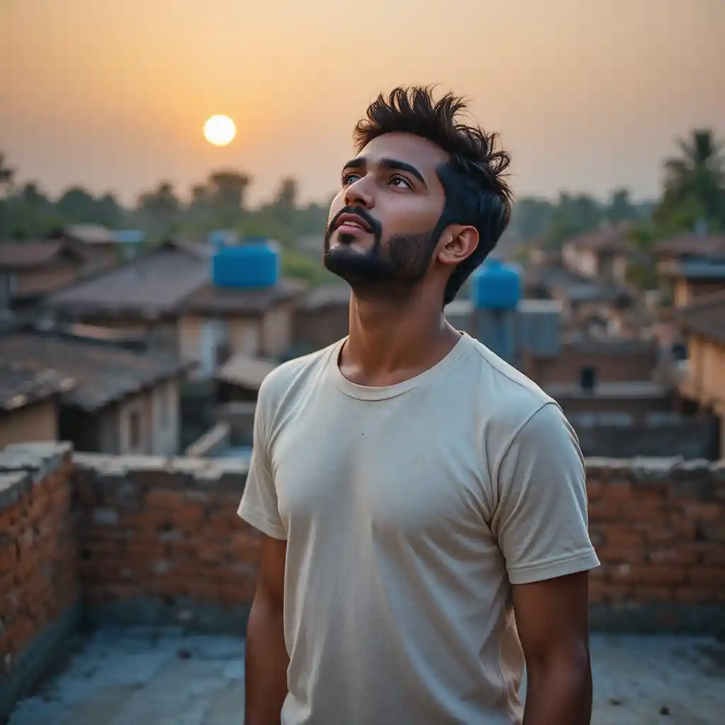 Joven en la azotea de una aldea al atardecer mirando hacia el cielo