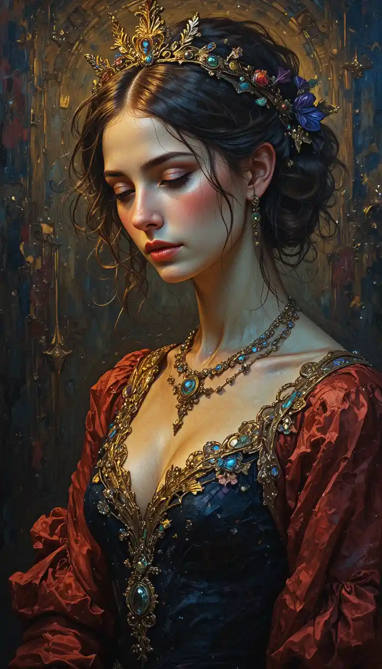 Melancholic girl in period dress under dramatic chiaroscuro light