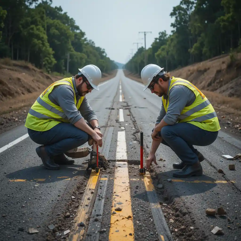 Engineers surveying damaged road with measurement tools in daylight