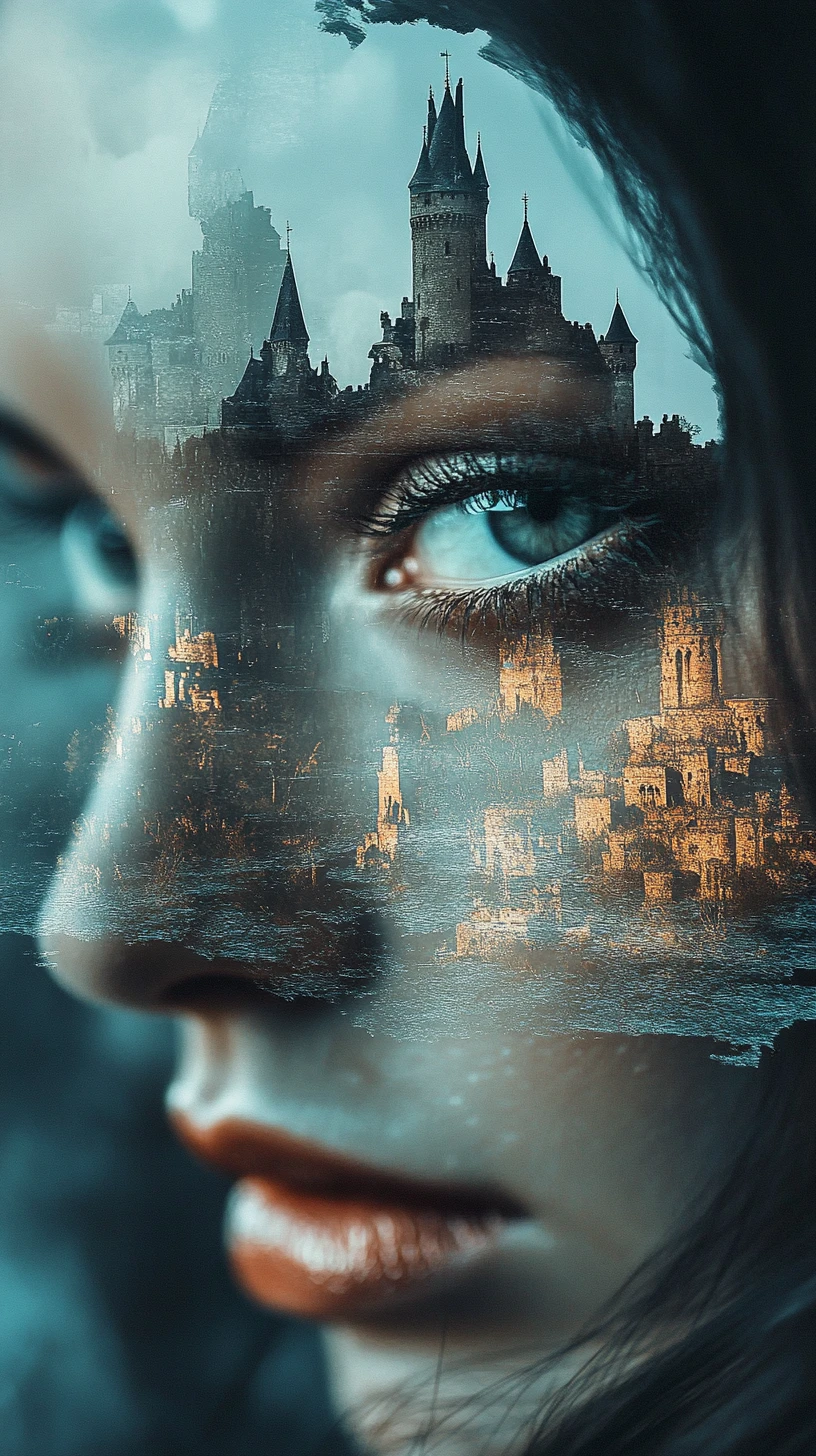 Paisaje surrealista de castillo que emerge en el rostro de una mujer
