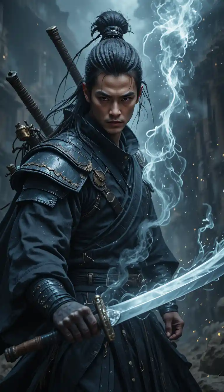 Dark fantasy shinobi warrior with martial arts discipline