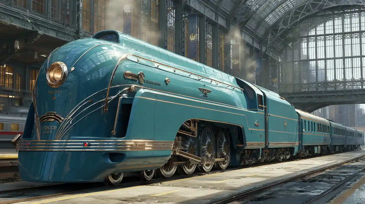 Streamlined art deco train leaving urban station at dusk