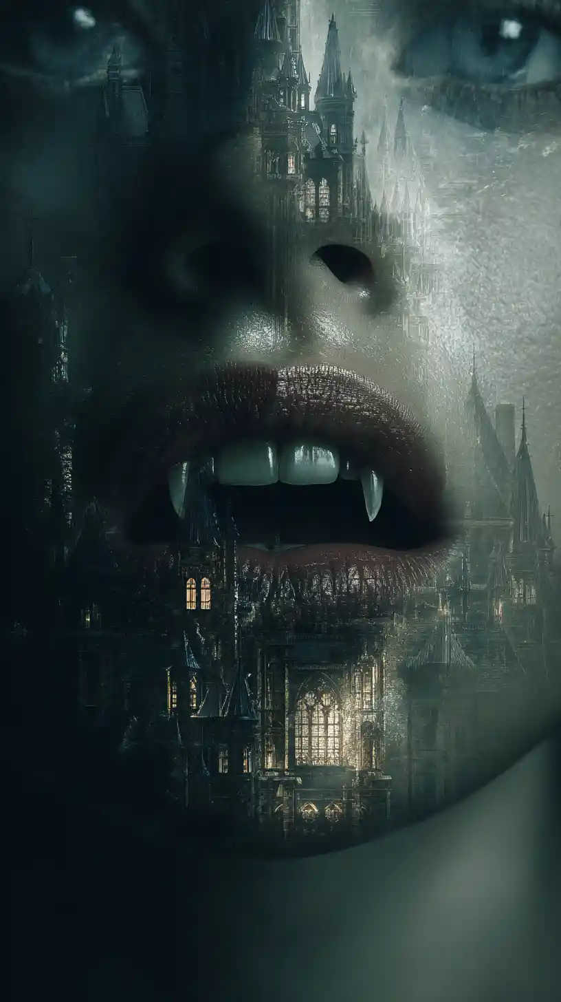 Rostro de Mujer Vampiro enmarcando un Castillo Gótico Distante