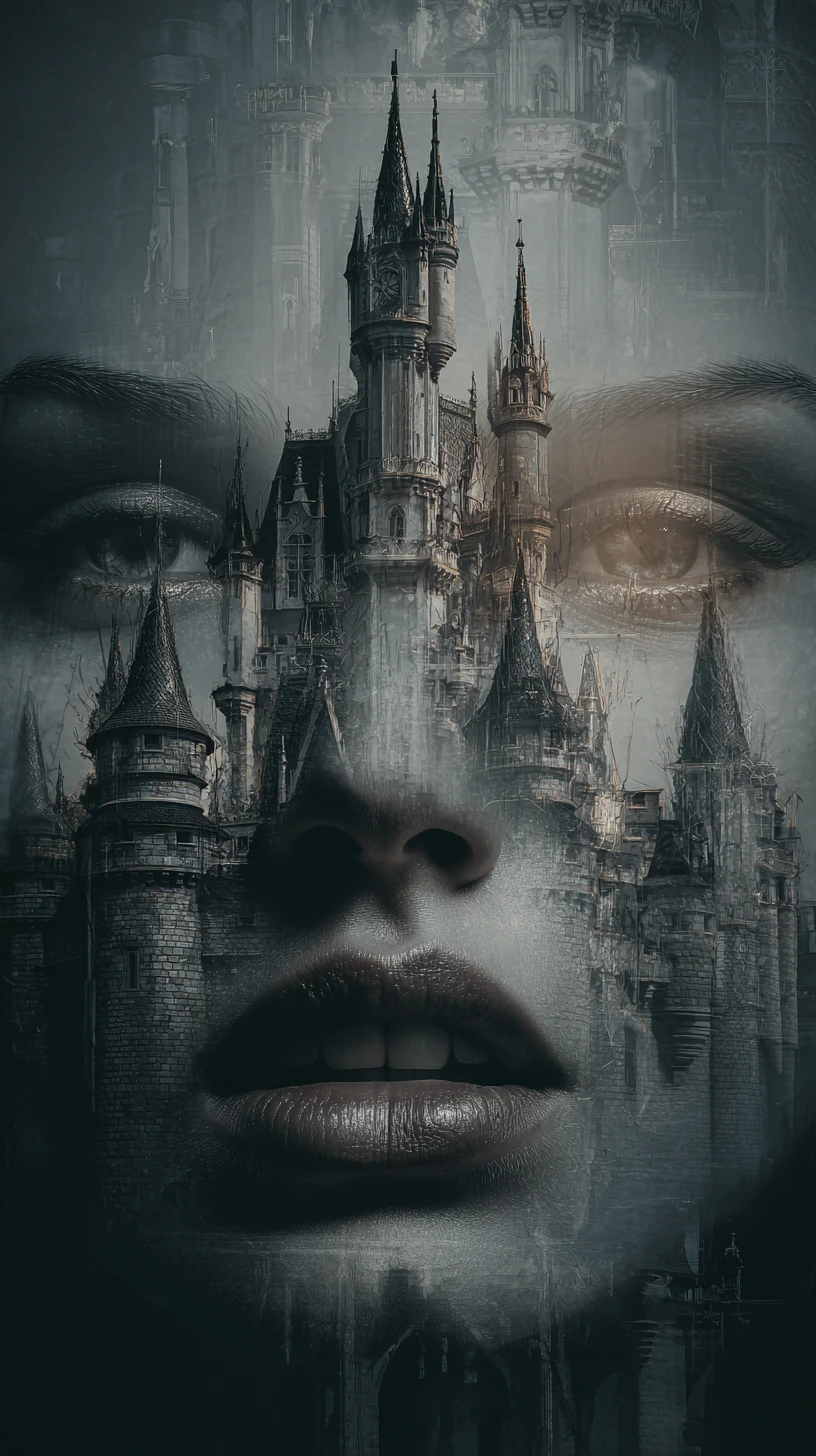 Rostro surreal de vampira con ojos brillantes y castillo oculto