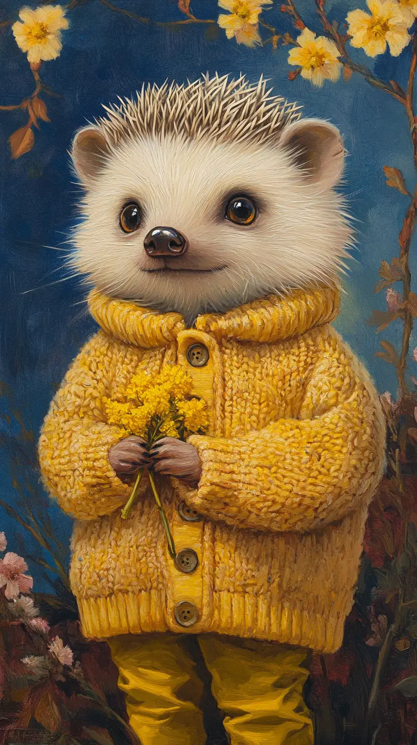 Tiny hedgehog in yellow sweater holding spring mimosa