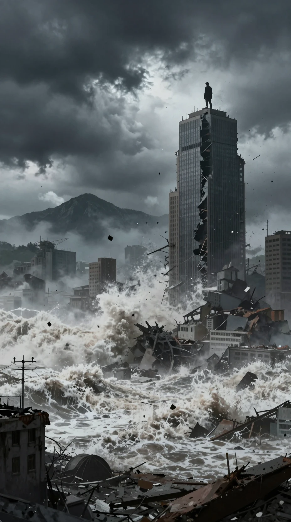 Massive Tidal Wave Engulfs Desolate Ruined Cityscape