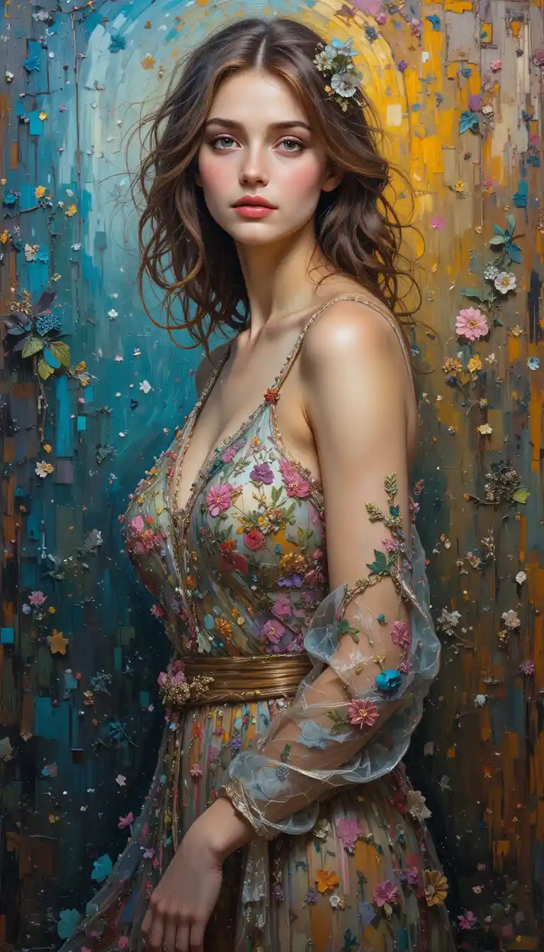 Full length impasto painting of a young woman on wall
