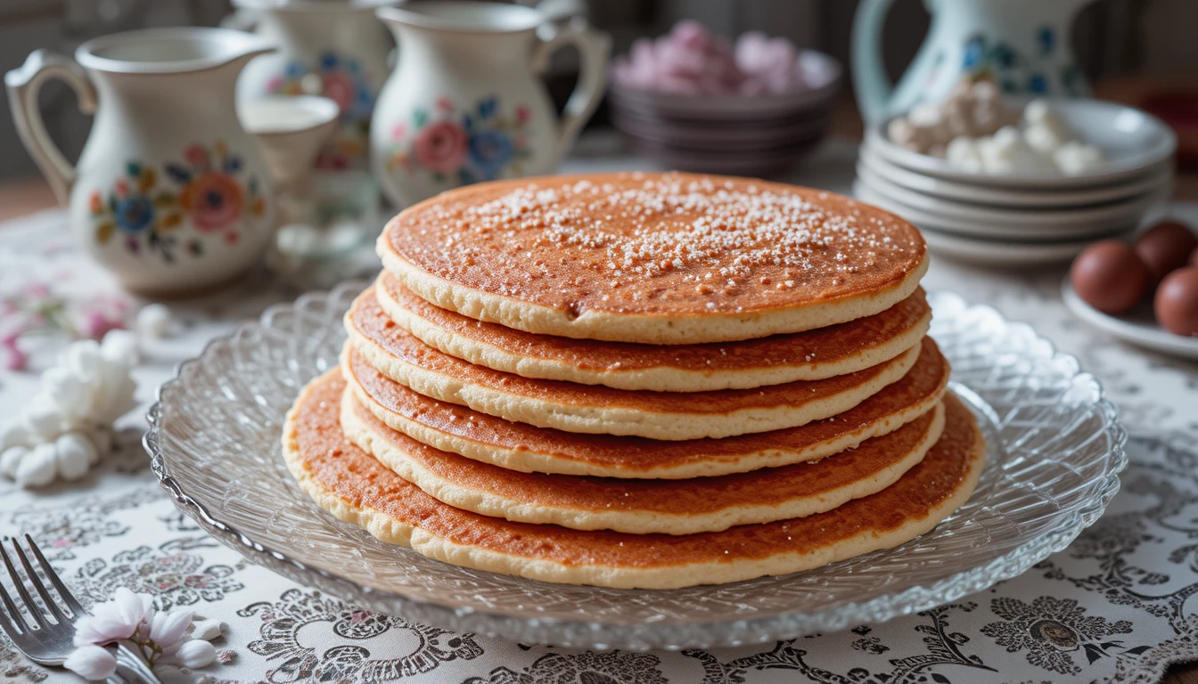 Torre de panqueques rosados en plato de cristal con jarras