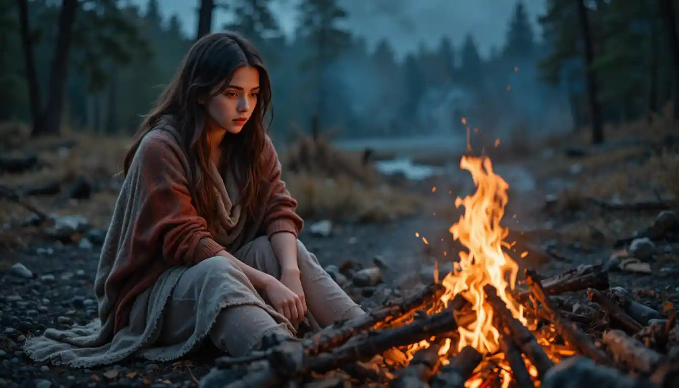 Young woman by fading campfire in soft ember glow