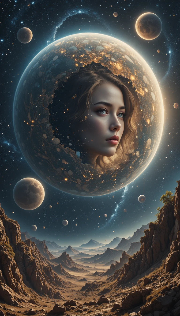 Escena cósmica con planetas y la palabra luminosa “mama” en el polvo
