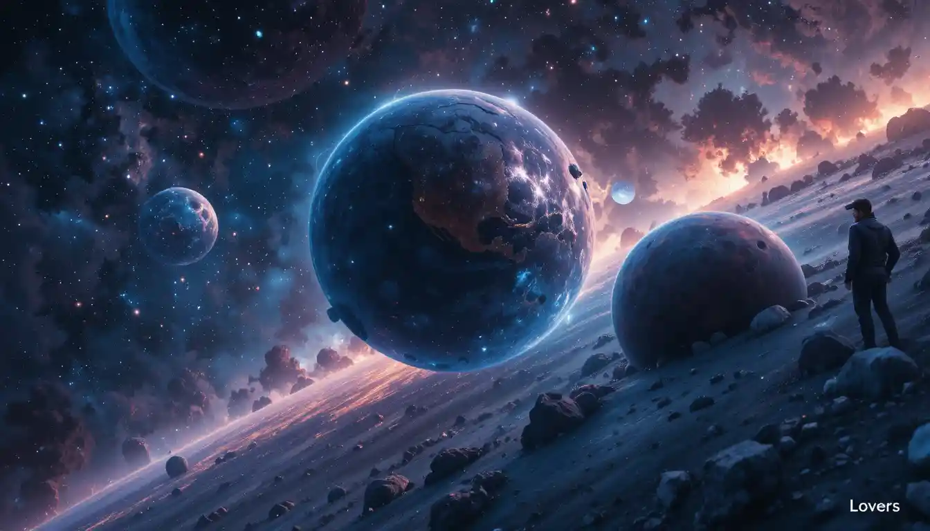 Romantic faces in opposing planets within a cosmic universe