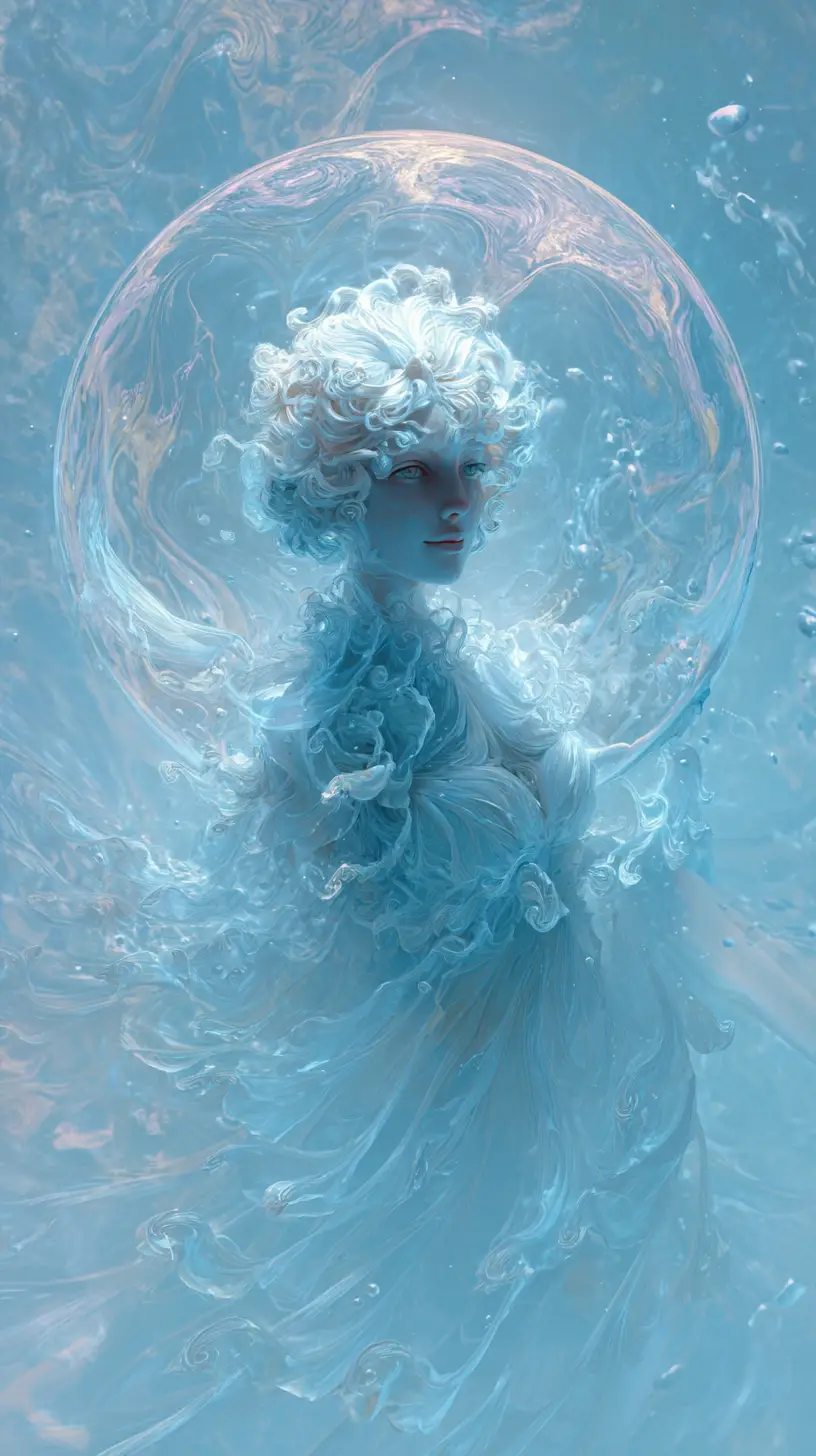 Ethereal Bubble Like Woman Glowing On Soft Blue Background