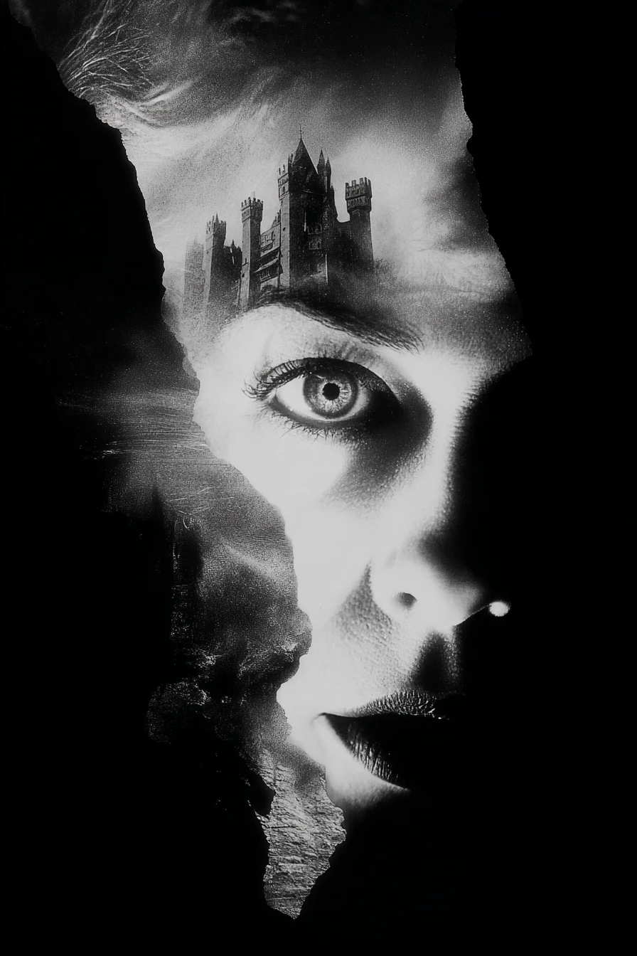 Castello di Dracula che si fonde con il volto luminoso di sua moglie vampira