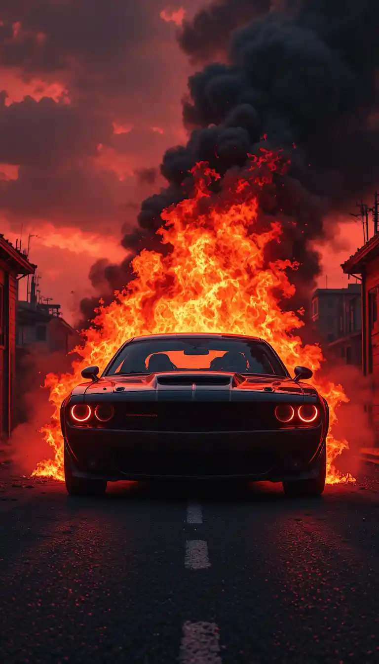 Flaming muscle car emerging from fire in dark city