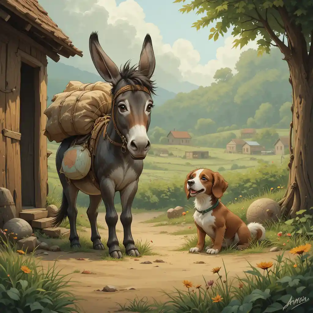 Donkey Danny And Dog Bruno Together On A Small Farm