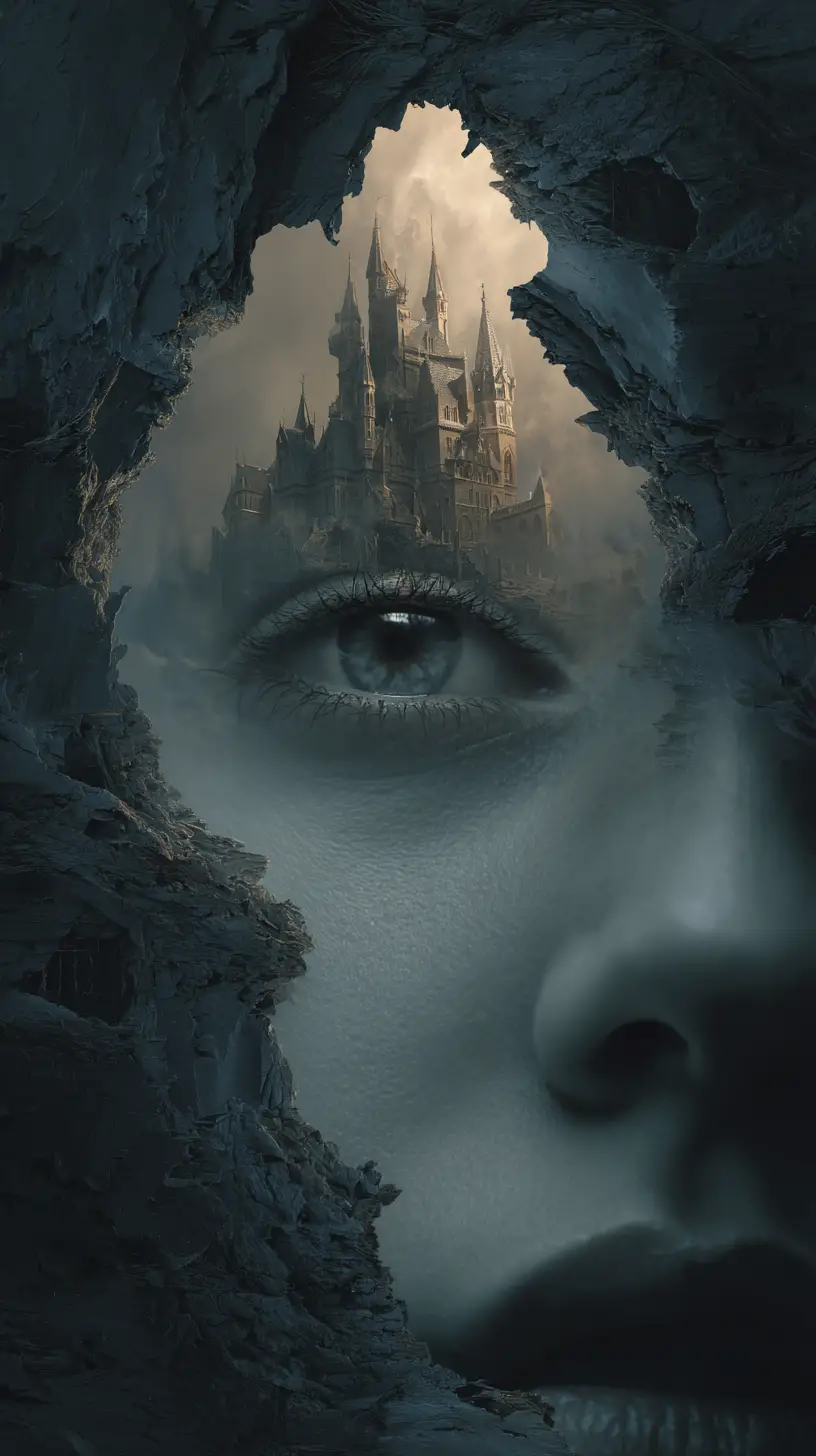 Surreal castle landscape emerging within a woman's face