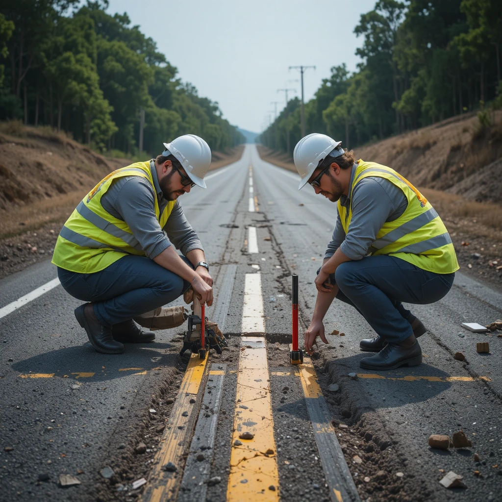 Ingenieros inspeccionando una carretera dañada con herramientas de medición a plena luz del día