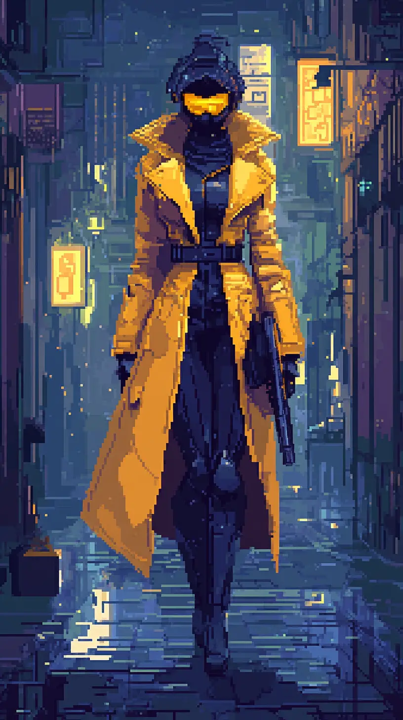 Masked female inspector in a glamorous fantasy city scene