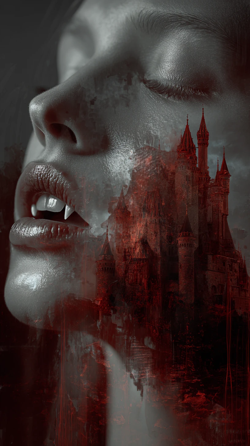 Retrato Surrealista de Vampira con Castillo Oculto en su Rostro