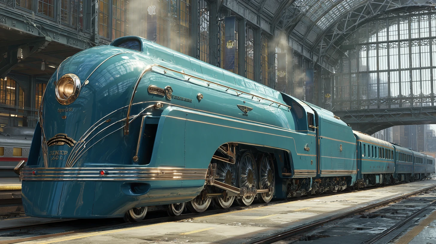 Trem art déco aerodinâmico saindo de estação urbana ao anoitecer