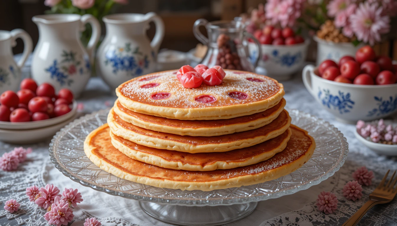 Torre de panqueques rosados en plato de cristal con jarras cerca