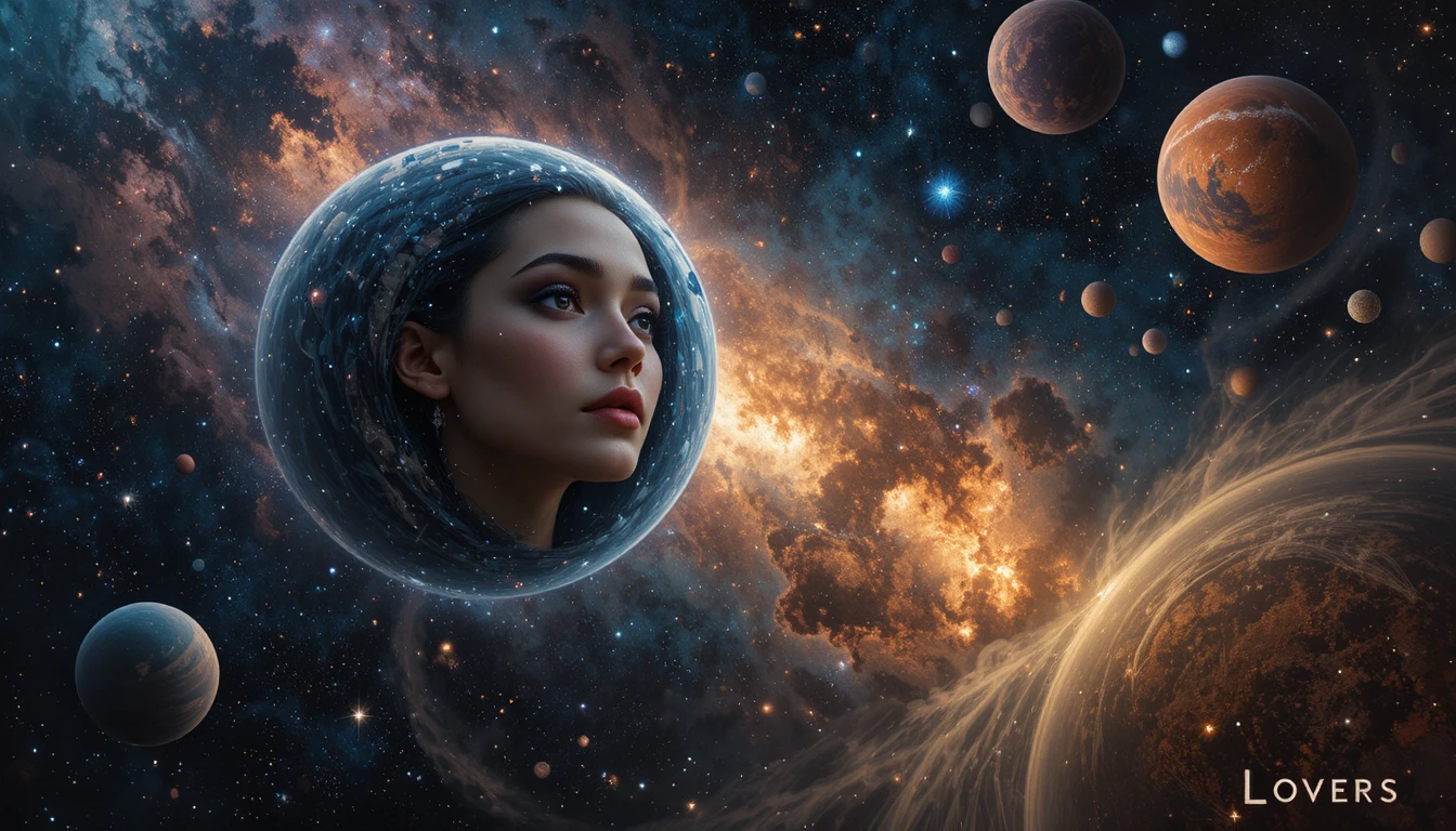 Universo romántico con planetas y rostros de amantes