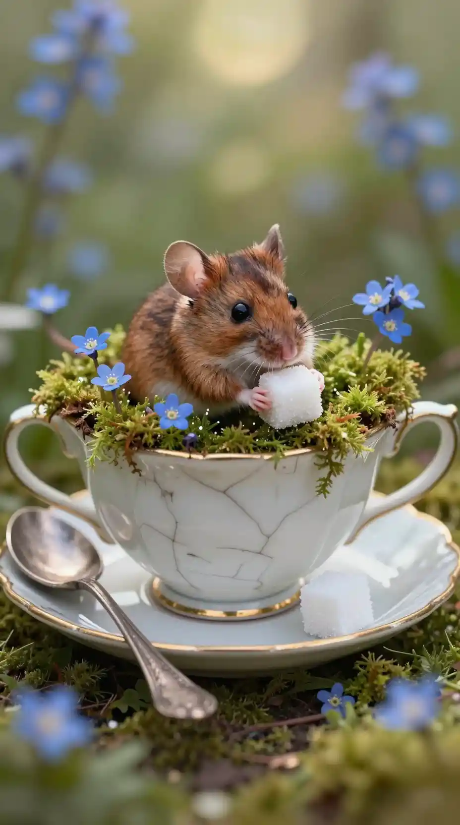 Tiny harvest mouse in a mossy porcelain teacup