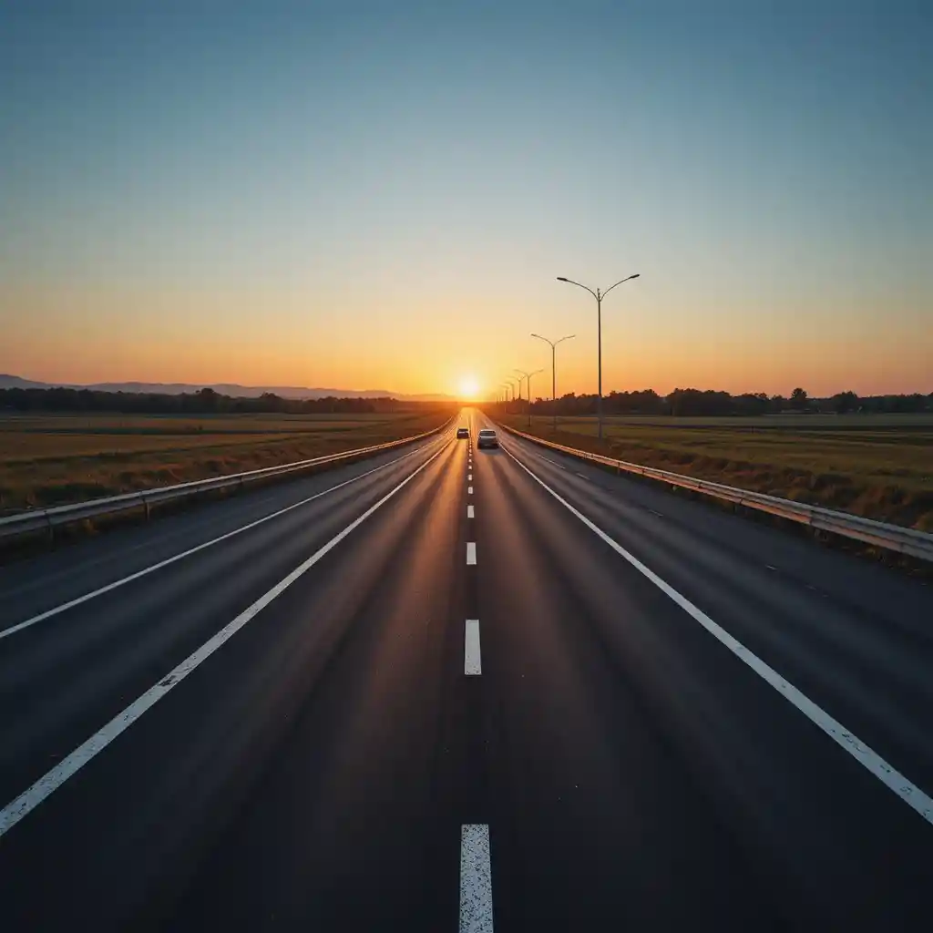 Cars driving along a black asphalt highway at sunset