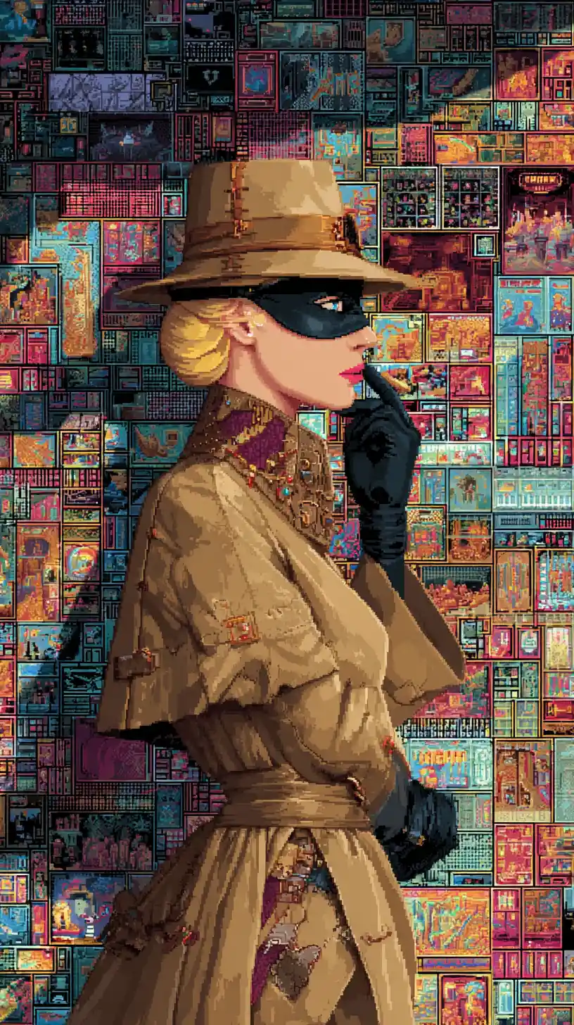 Masked female spy in a glamorous futuristic bazaar