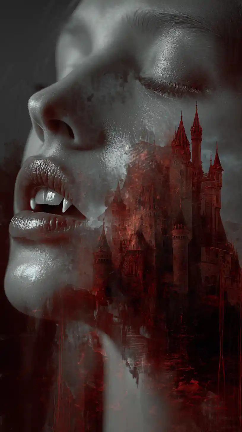 Ritratto Surreale di Vampira con Castello Nascosto nel Viso