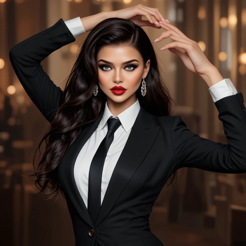 Woman in black suit dancing with arms raised indoors