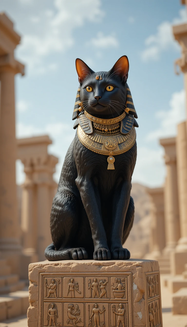 Golden black cat on hieroglyphic stone pedestal in temple