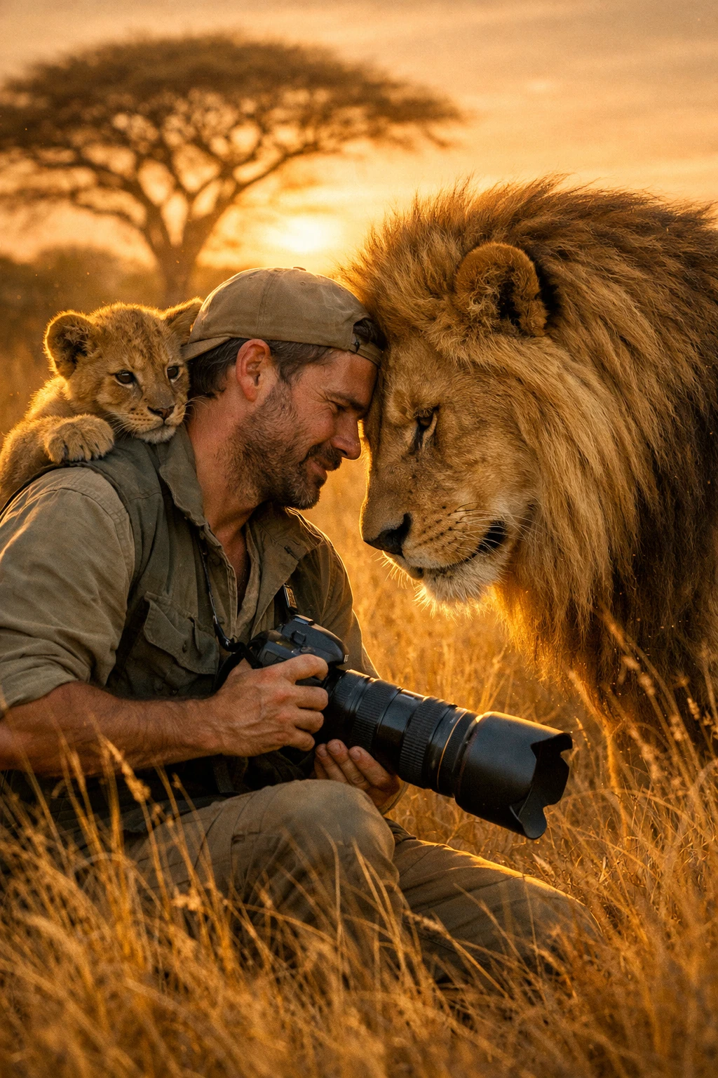 Fotógrafo de vida salvaje creando lazos con leones en la luz dorada de la sabana
