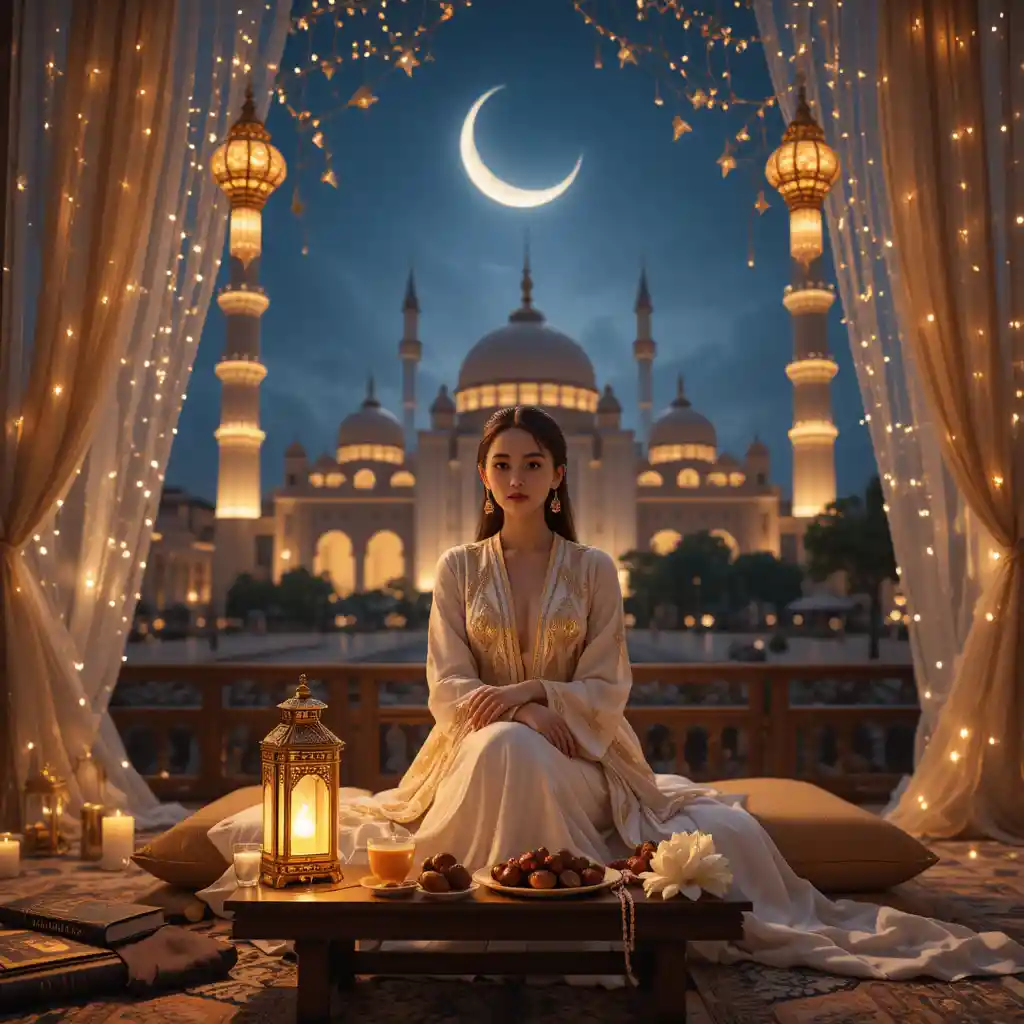 Mulher de branco apreciando uma tranquila noite de Ramadã